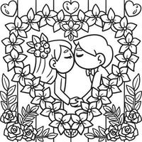 Wedding Kissing Couple Coloring Page for Kids vector