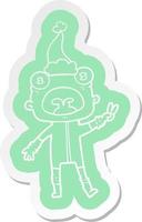 cartoon  sticker of a weird alien waving wearing santa hat vector
