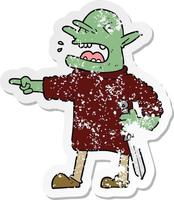 distressed sticker of a cartoon goblin with knife vector