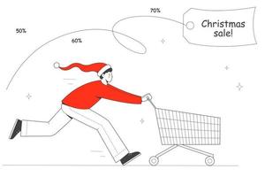 hombre con carro corriendo a descuento para navidad. compras para año nuevo. concepto de venta de navidad vector