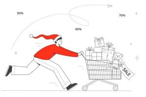 Man in  Santa hat runs with  shopping cart full of purchases. Shopping for the new year. Concept of a Christmas sale. vector