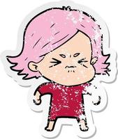 distressed sticker of a cartoon angry woman vector