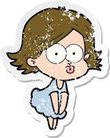 distressed sticker of a cartoon girl pouting vector