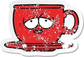 distressed sticker of a cartoon tired tea cup vector