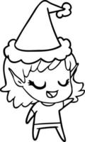 happy line drawing of a elf girl wearing santa hat vector