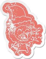 cartoon distressed sticker of a roaring lion wearing santa hat vector