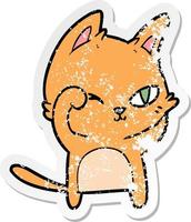 distressed sticker of a cartoon cat rubbing eye vector