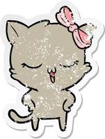 distressed sticker of a cartoon cat with bow on head and hands on hips vector