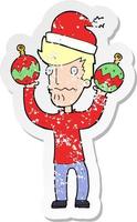 retro distressed sticker of a cartoon man with christmas baubles vector