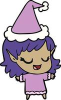 dibujo de línea feliz de una niña elfa con sombrero de santa vector