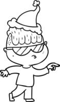 line drawing of a boy wearing sunglasses pointing wearing santa hat vector