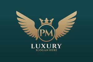 Luxury royal wing Letter PM crest Gold color Logo vector, Victory logo, crest logo, wing logo, vector logo template.