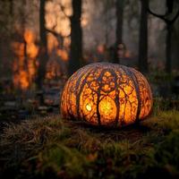 una gran calabaza naranja yace sobre la hierba y las linternas arden en el bosque foto