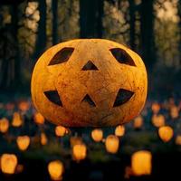 A large orange pumpkin lies on the grass and lanterns burn in the forest photo