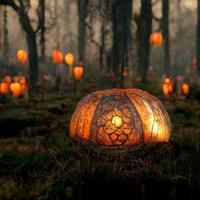 A large orange pumpkin lies on the grass and lanterns burn in the forest photo