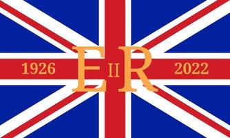 Queen Elizabeth royal cypher on British flag, 1926 to 2022 year. Queen Elizabeth II death memorial poster. British monarch died. vector