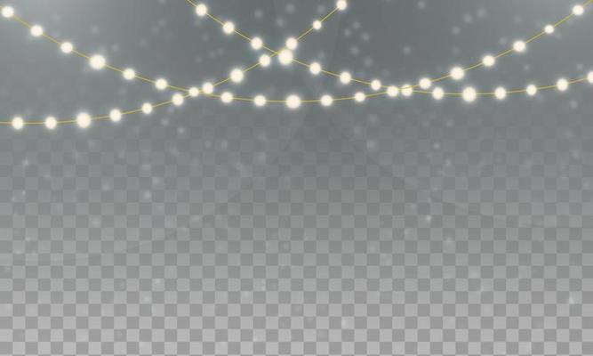 Christmas garland lights on wire string against snowfall background