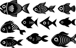 Black and white fish illustrations, collection of different fishes, abstract stylized underwater creatures isolated on white background. vector