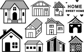 Houses set, collection of black, flat, outline houses, line art illustrations, isolated on white background. vector