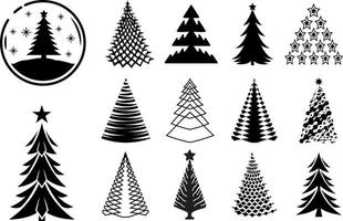 Christmas tree collection, black and white abstract Illustrations. Printable, editable decorations for your design projects.