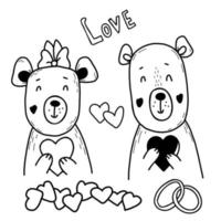 cute couple of bears in love with hearts on background of wedding rings. Vector illustration in handmade doodle style. Isolated linear sketches for Valentines, love cards, decor and design.