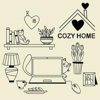 Cozy home. A set of doodles - cat peeking out from behind a laptop, bookshelf and teddy bear toy, flowerpots and tulips, table lamp and cup with cookies and a heart logo. Vector, outline vector