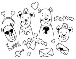 Set of cute bears in love. Girl and boy bear, heart and letter. Vector illustration. Isolated elements in style of hand drawn linear doodles for design, decor, greeting cards and valentines.