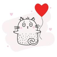 Cute funny cat with a red heart-shaped balloon. Vector illustration, outline, black line. For design, decoration, valentine.
