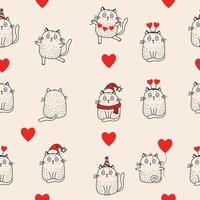 Seamless patterns. Holiday cats in Santa hat, scarf, birthday cap, with hearts are dancing and sitting on a pink background. Vector. Line, outline. For holiday, christmas and valentine designs vector