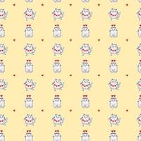 Seamless patterns. Valentines card Festive cats with a garland and in a hat with hearts dance and sit on a yellow background. Vector illustration for design, holidays and valentines.