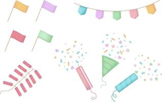 Firecracker and confetti illustration set. Party, birthday, card, decoration, confetti paper. Vector drawing. Hand drawn style.