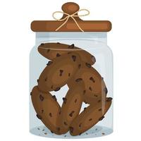 Glass jar with cookies with chocolate drops. Pastries in cartoon style. Vector illustration for bakery menu and food banners isolated on white background