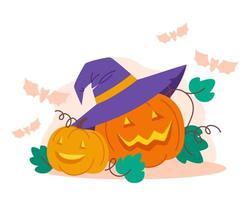 Halloween pumpkin lanterns in a witch's hat for postcard or poster vector