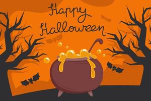 Halloween card with witch's cauldron in flat style vector