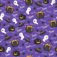 Halloween seamless pattern of pumpkin lanterns and ghosts, witch hat vector