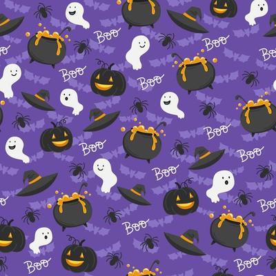 Halloween seamless pattern of pumpkin lanterns and ghosts, witch hat