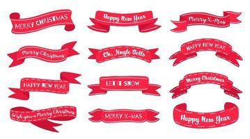 Christmas set red ribbons, badges, labels, bows and New Year greeting quotes. Isolated for postcards, posters, posters, design. vector