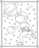 Cute astronaut playing moon ball in space suitable for children's coloring page vector illustration