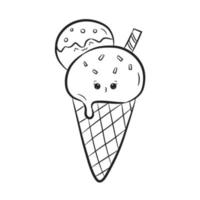 Cute ice cream waffle cone isolated on white background. Ice cream with kawaii face in doodle style. Coloring book. Vector Illustration