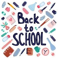 Back to school hand drawn doodle school elements set. School supplies vector print