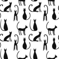 Black cat vector seamless pattern. Halloween decor, wrapping paper, textile. Cats isolated on white background.