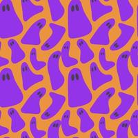 Fantastic violet ghost on orange background. Vector Halloween seamless pattern. Different ghost.