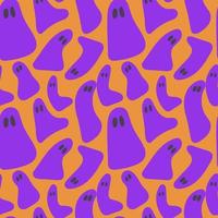 fantástico fantasma violeta sobre fondo naranja. vector de patrones sin fisuras de halloween. fantasma diferente.