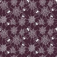 Spiders web seamless pattern. Vector spider isolated on burgundy background. Halloween pattern.