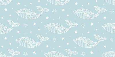 Whales swimming in blue sky. Seamless pattern with cute hand drawn ornament doodles vector