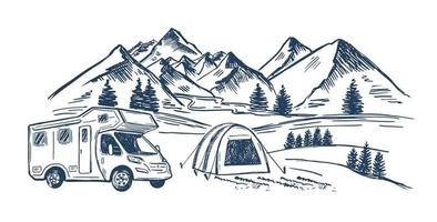 Camping in nature, motor home, Mountain landscape, hand drawn style, vector illustrations.