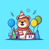Teddy Bear Happy New Year Cartoon Vector Icon Illustration. Holiday Object Icon Concept Isolated Premium Vector. Flat  Cartoon Style