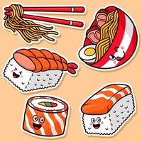 pegatina, conjunto, comida japonesa, caricatura, vector, ilustración vector