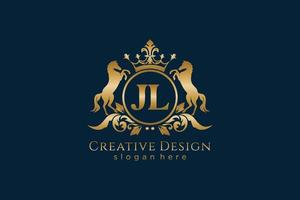 initial JL Retro golden crest with circle and two horses, badge template with scrolls and royal crown - perfect for luxurious branding projects vector