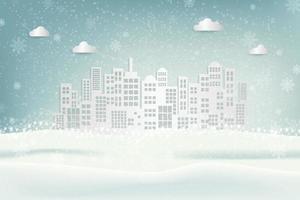 Merry Christmas and Happy New Year. Illustration of The city falls in the snow curtain and ice crystals. vector